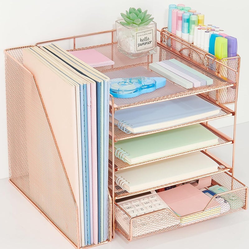 Gugsey Desk Organizer, 5-Tier Paper Letter Tray Organizer with File Holder, Drawer and Pen Holder, Desktop Organizer for Office Supplies, Rose Gold - Image 1